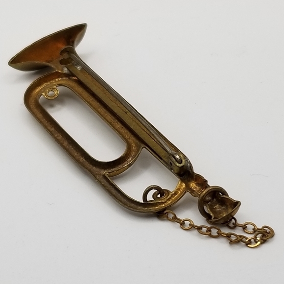 Vintage Antique Pin Brooch C Clasp Brass Bugle Musical Instrument Horn Lapel 3in - Picture 2 of 9